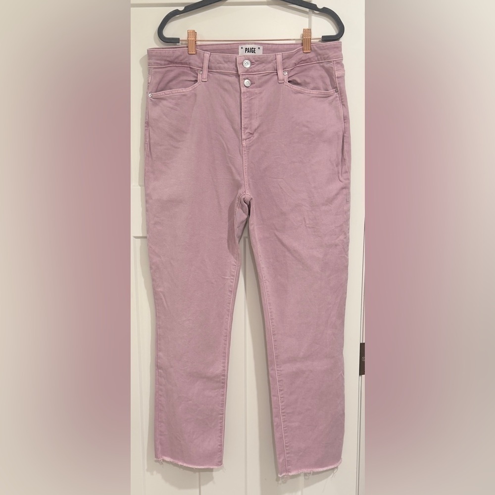 Paige Cindy straight jeans, high rise, raw hem, faded rose color, size 33
